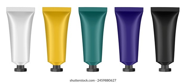 Set of screw cap tubes. 3d mockup. Gold, whiten, bgreen, purple and black colors. Concealer or foundation. Salve or ointment. Black cap. Plastic bottle	