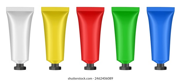 Set of screw cap tubes. 3d mockup. Yellow, white, green, red and blue colors. Concealer or foundation. Salve or ointment. Black cap. Plastic bottle