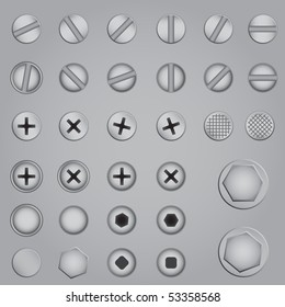 Set of screw, nut, bolt on the gray background