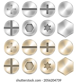 A set of screw, nuts, bolt and rivet head design elements. Vector illustration. Eps 10.