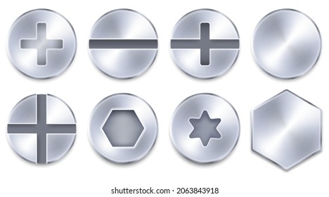 A set of screw, nuts, bolt and rivet head design elements. Vector illustration. Eps 10.