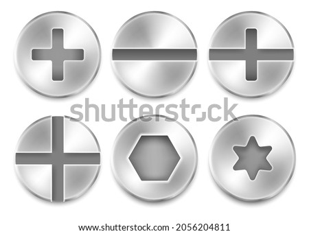 A set of screw, nuts, bolt and rivet head design elements. Vector illustration. Eps 10.