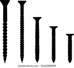 Set of Screw shape silhouette icons in black fill styles. Hardware logo symbols vectors illustration images. Designs elements for label, emblem, banners and posters isolated on transparent background.