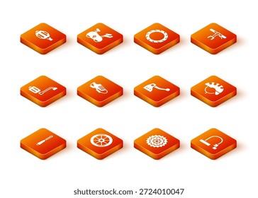 Set Destornillador, rueda de bicicleta, pedal, zapatos, cassette, freno, cerradura e icono de casco. Vector