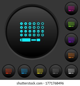 Set of screwdriver bits dark push buttons with vivid color icons on dark grey background