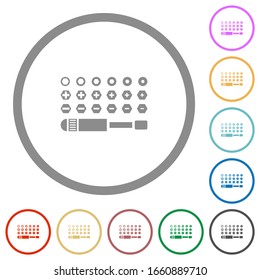 Set of screwdriver bits flat color icons in round outlines on white background