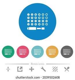 Set of screwdriver bits flat white icons on round color backgrounds. 6 bonus icons included.