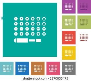 Juego de destornilladores bits de iconos planos multicolor en fondos cuadrados simples. Se incluyeron variaciones de iconos blancos y oscuros para efectos de movimiento o activos.