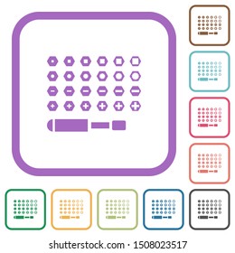 Set of screwdriver bits simple icons in color rounded square frames on white background