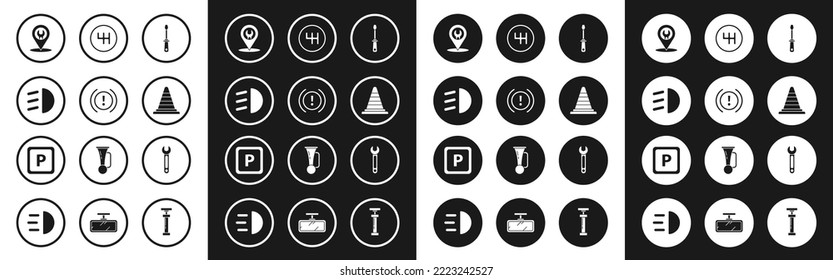 Set Screwdriver, Brake system warning, High beam, Car service, Traffic cone, Gear shifter, Wrench and Parking icon. Vector