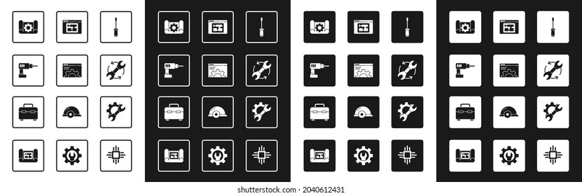 Set Screwdriver, Browser setting, Electric drill machine, Graphing paper and gear, Wrench arrows as workflow, House plan, spanner and Toolbox icon. Vector