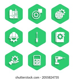 Ajuste el Destornillador, la Calculadora, la Máquina de perforación eléctrica, el manual del usuario, las configuraciones de la mano, el engranaje de casco de seguridad del trabajador, el icono de brújula de papel Globe of Earth y gráfico. Vector