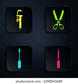 Set Screwdriver, Calliper or caliper and scale, Screwdriver and Scissors. Black square button. Vector
