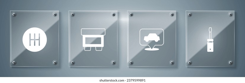 Set Screwdriver, Car service, Fuse and Gear shifter. Square glass panels. Vector