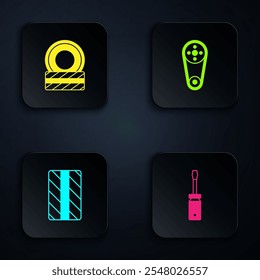 Set Screwdriver, Car tire wheel,  and Timing belt kit. Black square button. Vector