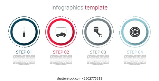 Set Screwdriver, Car wash, Engine piston and Alloy wheel. Business infographic template. Vector