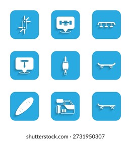 Set Schraubenzieher, Kinokamera, Skateboard, Longboard oder Skateboard, T-Tool, Treppe mit Schiene und Werkzeug-Inbusschlüssel-Symbol. Vektorgrafik