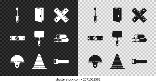 Set Screwdriver, Closed door, Crossed ruler, Worker safety helmet, Traffic cone, Hand saw, Construction bubble level and Putty knife icon. Vector
