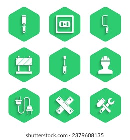 Set Screwdriver, Crossed ruler, Hammer and wrench spanner, Worker safety helmet, Electric plug, Road barrier, Hacksaw and Rasp metal file icon. Vector