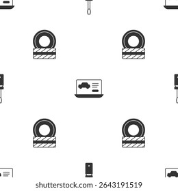 Set Screwdriver, Diagnostics condition of car and Car tire wheel on seamless pattern. Vector