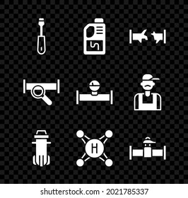 Set Screwdriver, Drain cleaner bottle, Broken pipe, Water filter, tap, Industry and valve, metallic and manometer icon. Vector