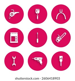 Set Screwdriver, Electric hot glue gun, Paint brush, Chainsaw, Wrench spanner, Cement bag, Pliers tool and Leaf garden blower icon. Vector