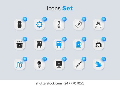 Set Screwdriver, Electrical panel, outlet, plug, glove, Tee electric, Refrigerator and meter icon. Vector