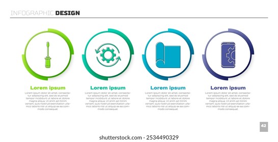 Set Screwdriver, Gear and arrows as workflow, Graphing paper for engineering and Setting on smartphone. Business infographic template. Vector