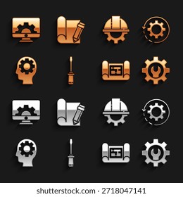 Establecer destornillador, engranaje y flechas como flujo de trabajo, engranaje de llave inglesa, Plan de la casa, cabeza humana con interior, casco de seguridad del trabajador, monitor de computadora e icono de lápiz de papel gráfico. Vector