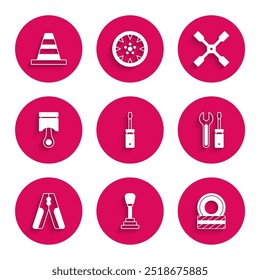 Set Screwdriver, Gear shifter, Car tire wheel, and wrench spanner, battery jumper power cable, Engine piston, Wheel and Traffic cone icon. Vector