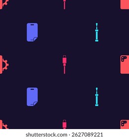 Set Screwdriver, Glass screen protector, USB cable cord and Phone repair service on seamless pattern. Vector