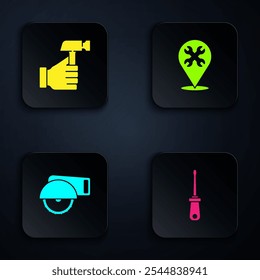 Set Screwdriver, Hammer, Electric circular saw and Location with wrench. Black square button. Vector