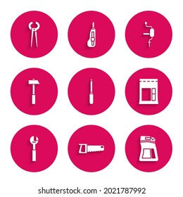 Set Screwdriver, Hand saw, Cement bag, Adjustable wrench, Hammer, drill and Pincers pliers icon. Vector