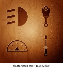 Set Screwdriver, High beam, Speedometer and Engine piston on wooden background. Vector