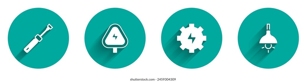 Juego destornillador, alto voltaje, engranaje y relámpago y lámpara colgando icono con sombra larga. Vector
