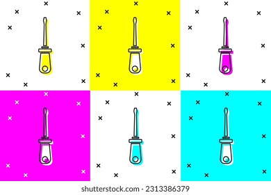 Ajuste el icono Destornillador aislado en el fondo del color. Símbolo de herramienta de servicio.  Vector
