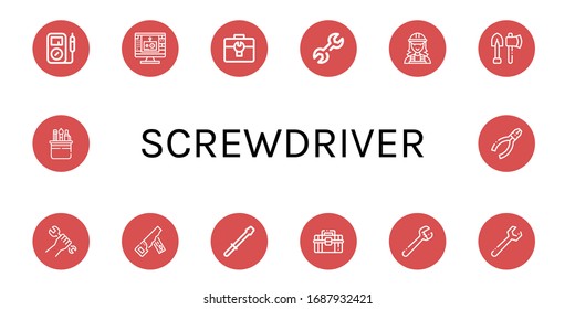 Set of screwdriver icons. Such as Multimeter, Edit tool, Toolbox, Wrench, Electrician, Tools, Hand saw, Screwdriver, Pliers , screwdriver icons
