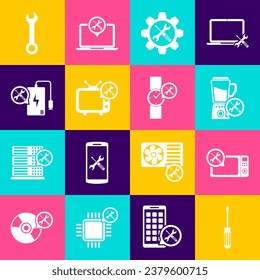 Ajuste el destornillador, el servicio de horno de microondas, el Blender, la llave y el destornillador en los engranajes, el tv, el banco de energía y el icono de reloj de la muñeca. Vector