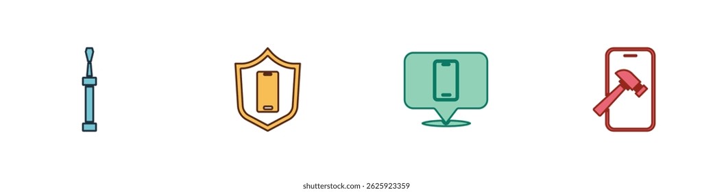 Set Screwdriver, Mobile with shield, Phone repair service and broken screen icon. Vector