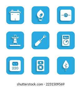 Set Screwdriver, Music player, Leaf Eco symbol, Ampere meter, multimeter, Electrical outlet, tower line, Ohmmeter and Car battery icon. Vector