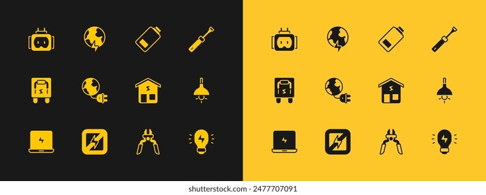 Juego de destornillador, sin rayo, hogar inteligente, herramienta de alicates, planeta de energía global con enchufe, Recargo de batería, Tee eléctrico y thunderbolt icono. Vector