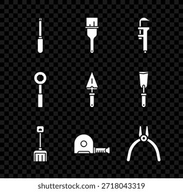 Juego Destornillador, Pincel de pintura, Calibre o pinza y escala, Pala de nieve, construcción de la ruleta, herramienta de alicates, llave inglesa e icono de paleta. Vector