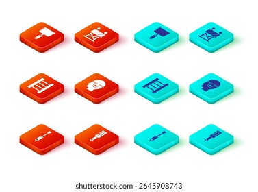 Set Screwdriver, Paint brush, Wooden staircase, Worker safety helmet, Road barrier and Putty knife icon. Vector