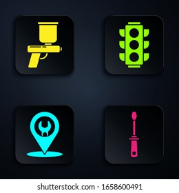 Set Screwdriver, Paint spray gun, servicio de Camión y semáforo. Botón cuadrado negro. Vector