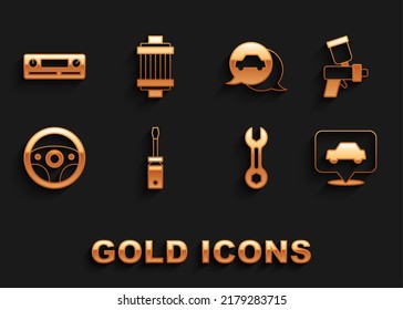 Ajuste el destornillador, la pistola de pintura, el servicio de coches, el spanner de la llave, el volante de dirección, el icono del filtro de aire y audio. Vector