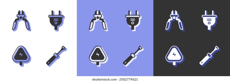 Set Screwdriver, Pliers tool, High voltage and Electric plug icon. Vector