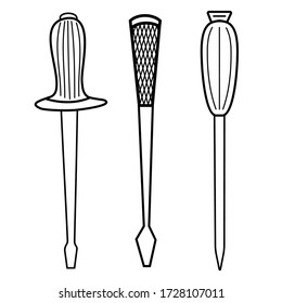Juego de iconos de contorno de la herramienta de reparación del destornillador. Conjunto de herramientas para construir manos. Aislado sobre fondo blanco. Ilustración del vector