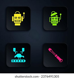 Set Screwdriver, Robot, Robotic robot arm on factory and . Black square button. Vector