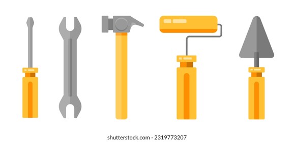 Satz von Schraubenzieher, Walze, Spatel und Hammer. Service-Tools. Handgezeichnete Flachkollektion in der Industrie. Industrieausrüstung