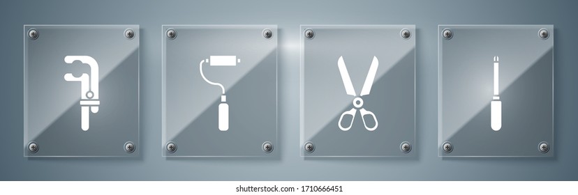 Set Screwdriver, Scissors, Paint roller brush and Clamp tool. Square glass panels. Vector
